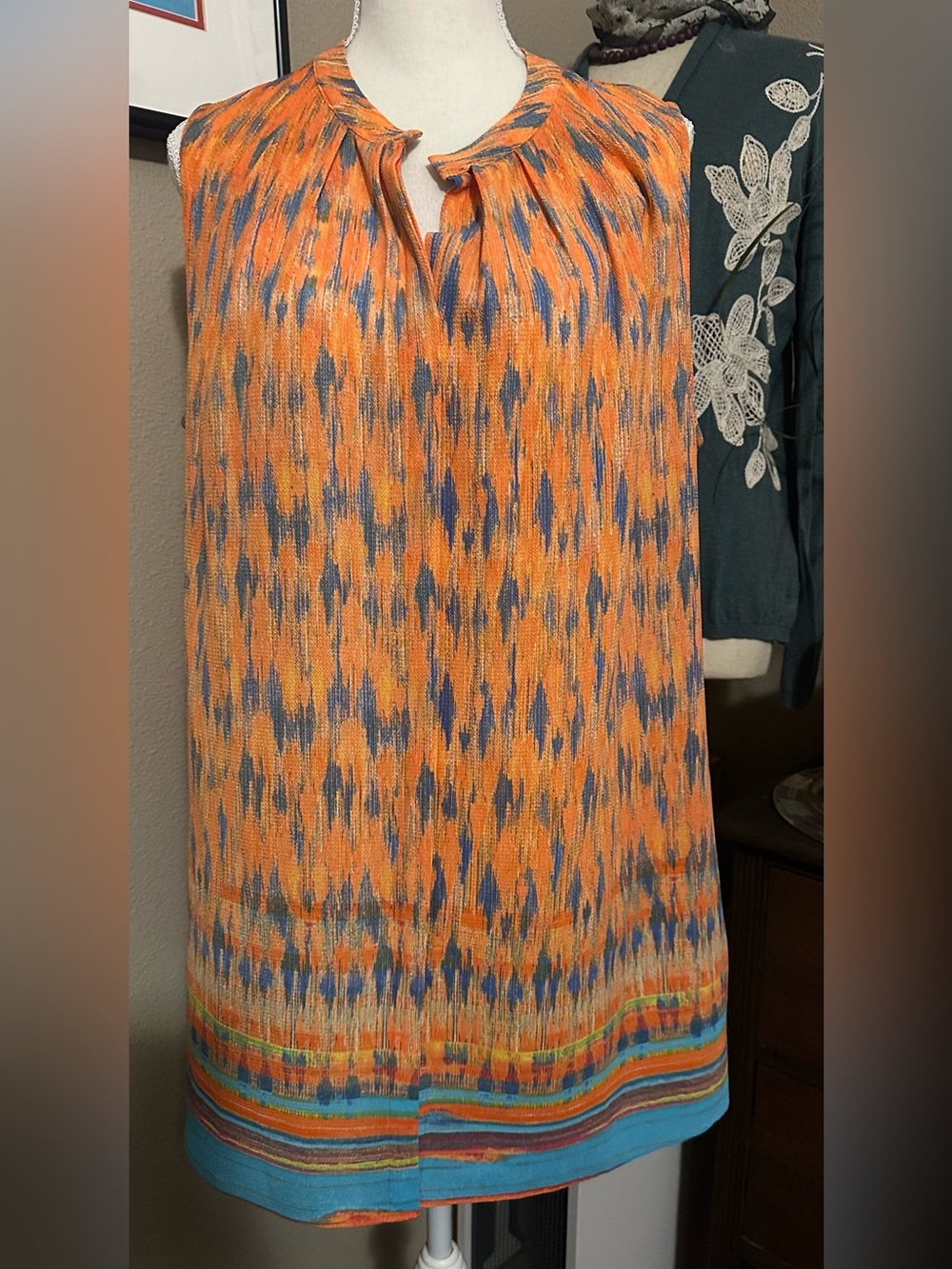 Anthropologie Maeve Orange and Blue tunic dress with Ikat Stripe